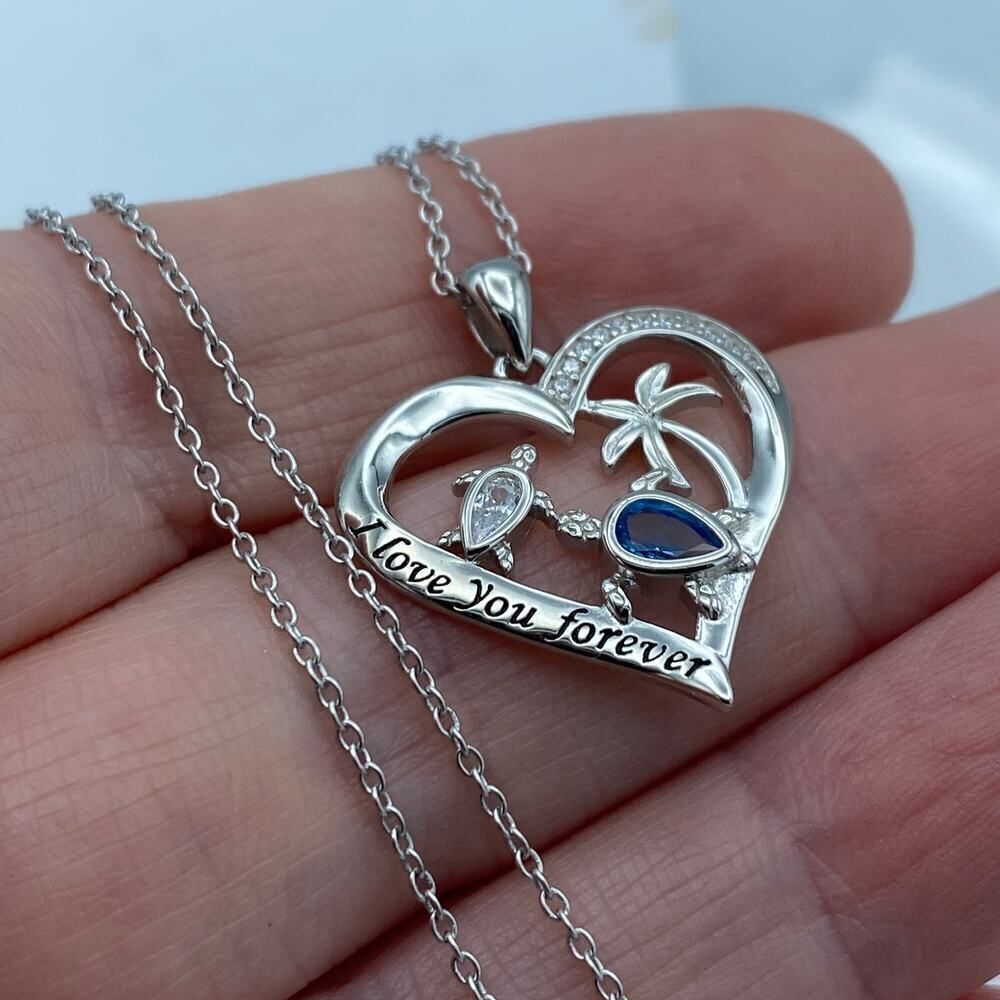 I Love You Forever Sea Turtle Sterling Silver Cz Necklace